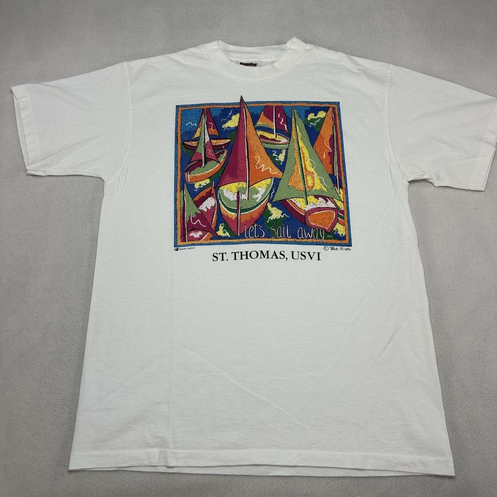Vintage St Thomas Shirt Mens Large White Usvi Lets Sail Away Sailboat Powerpro